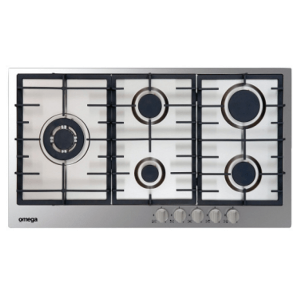 Omega OCG90FXB 90cm 5 Burner Gas Cooktop with Cast Iron Trivets & Wok Burner - Carton Damaged